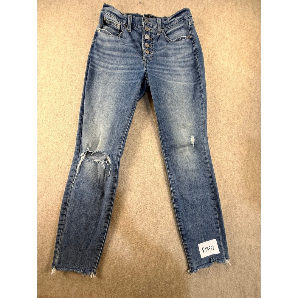 Lucky Brand High Rise Ankle Jeans 4/27 Medium Wash Button Fly Distressed Raw Hem